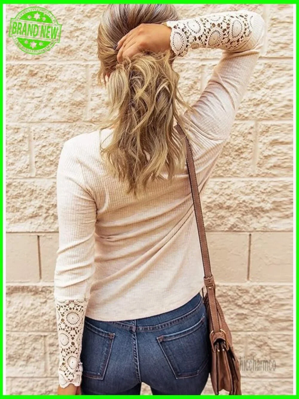 Women Long Sleeve V Neck Lace Button Shirt Top - Picture 5 of 7